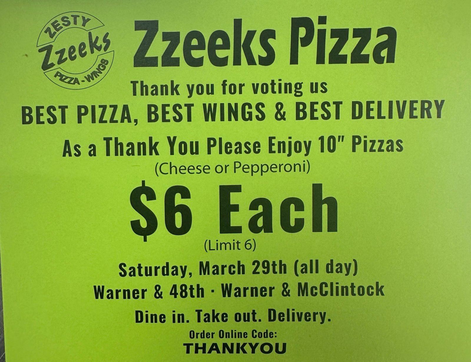 Zzeeks Ahwtaukee-Best Pizza, Best Wings & Best Delivery Award "Thank You"